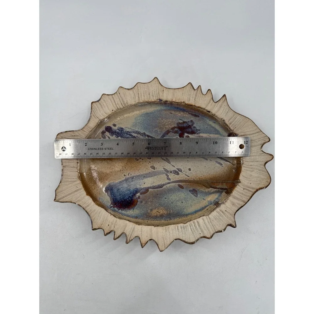 Studio Pottery Abstract Glaze‎ Jagged Rim Platter Signed Artisan Serving Tray